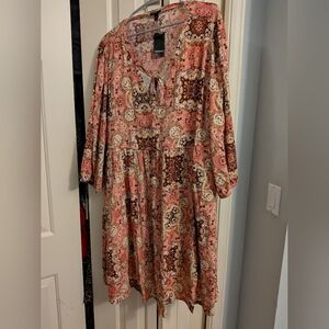 Torrid Boho Pink and Brown Long Sleeve Dress